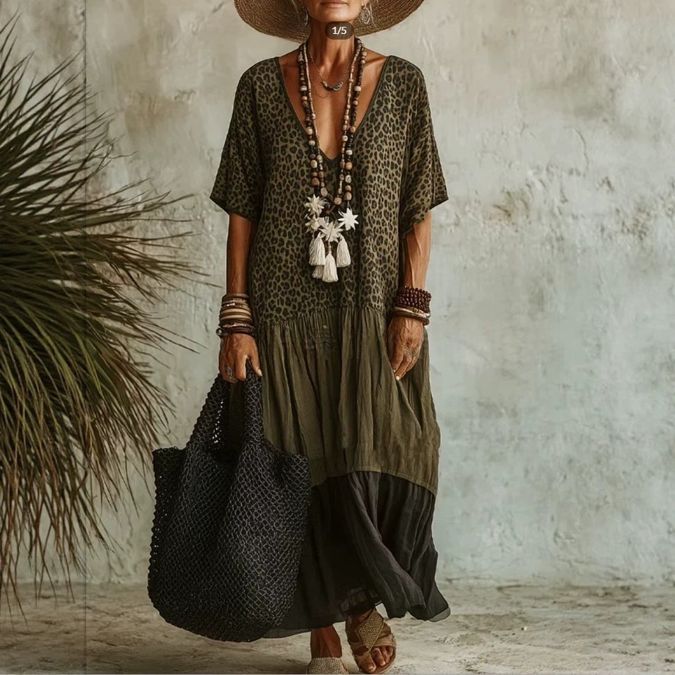 Casual Leopard-Print Colorblock V-Neck Dress by Ricaloux