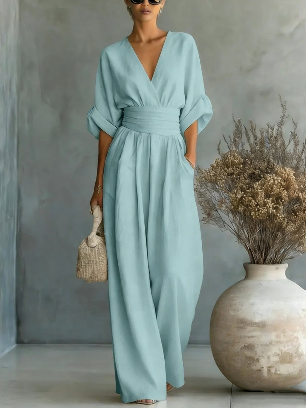 Summer Short-sleeved Jumpsuit Fashion Casual V-Neck Wide-Leg Pants Womens Clothing by Ricaloux