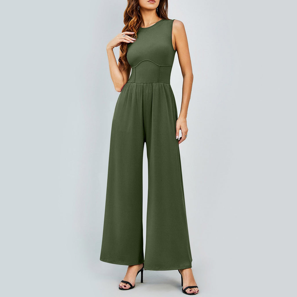 Womens Round-neck Solid-color Sleeveless Slim-fit Long Casual Jumpsuit by Ricaloux