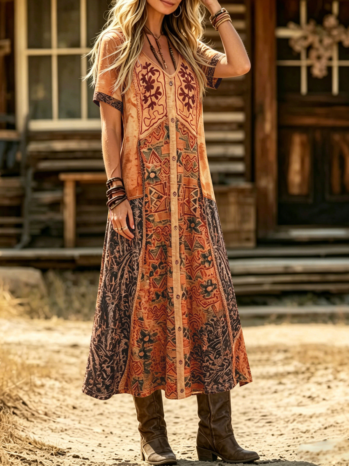 Women's V-Neck Short Sleeve Bohemian Embroidered Print Maxi Dress Casual Loose Button Front Long Dress For Vacation – Premium 4 | RICALOUX