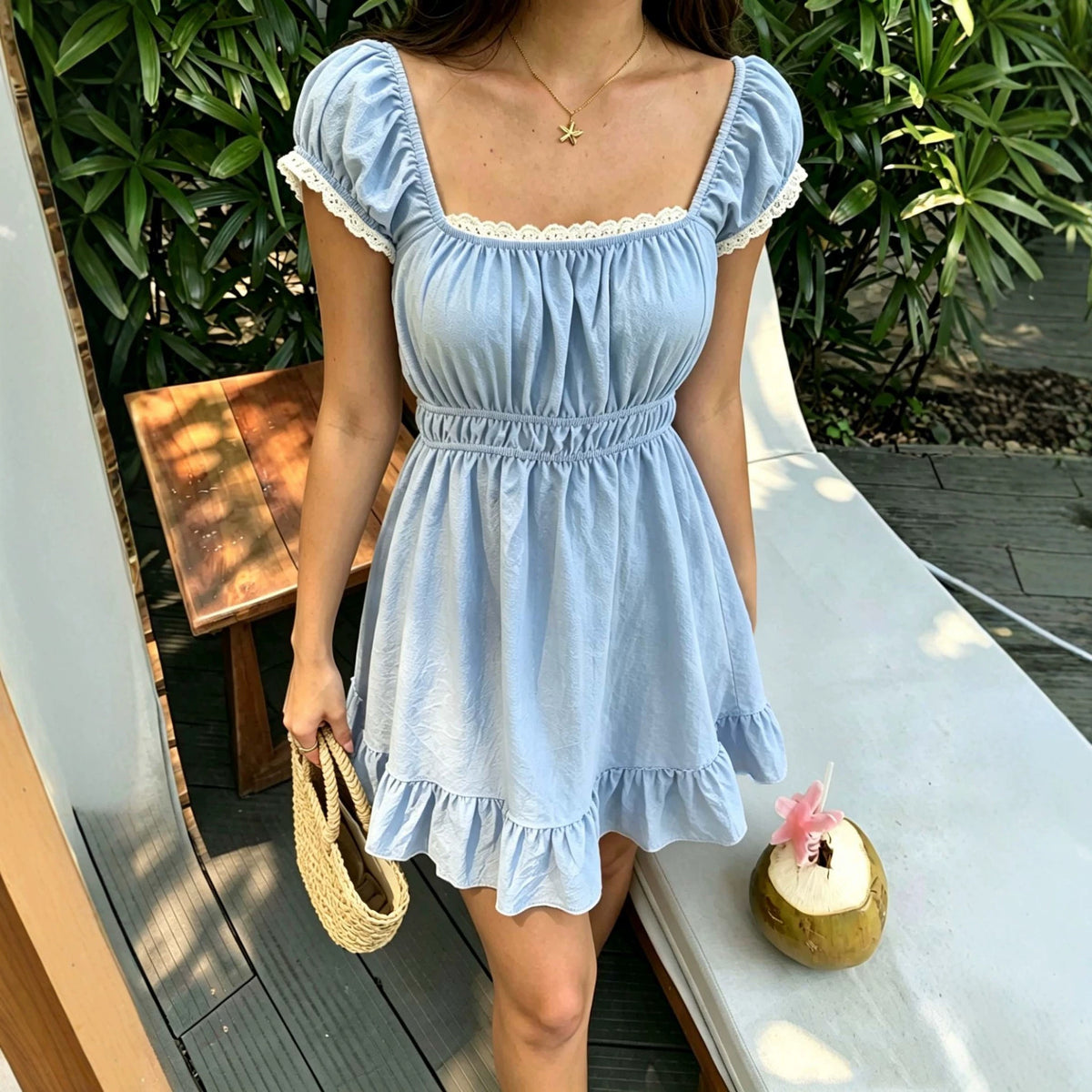 Summer French-Style Square-Neck Puff-Sleeve A-Line Dress For Women – Premium 0 | RICALOUX