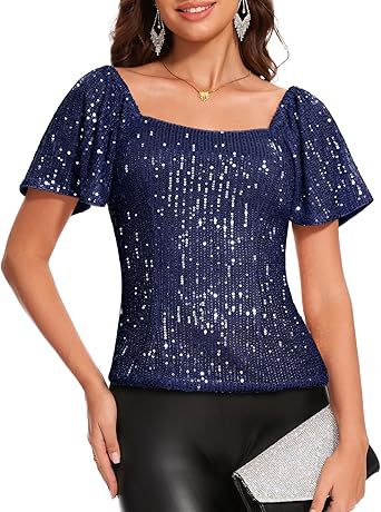 Womens Fashionable Square-neck Short-sleeve Sequin Puffed Sleeves – Premium 0 | RICALOUX