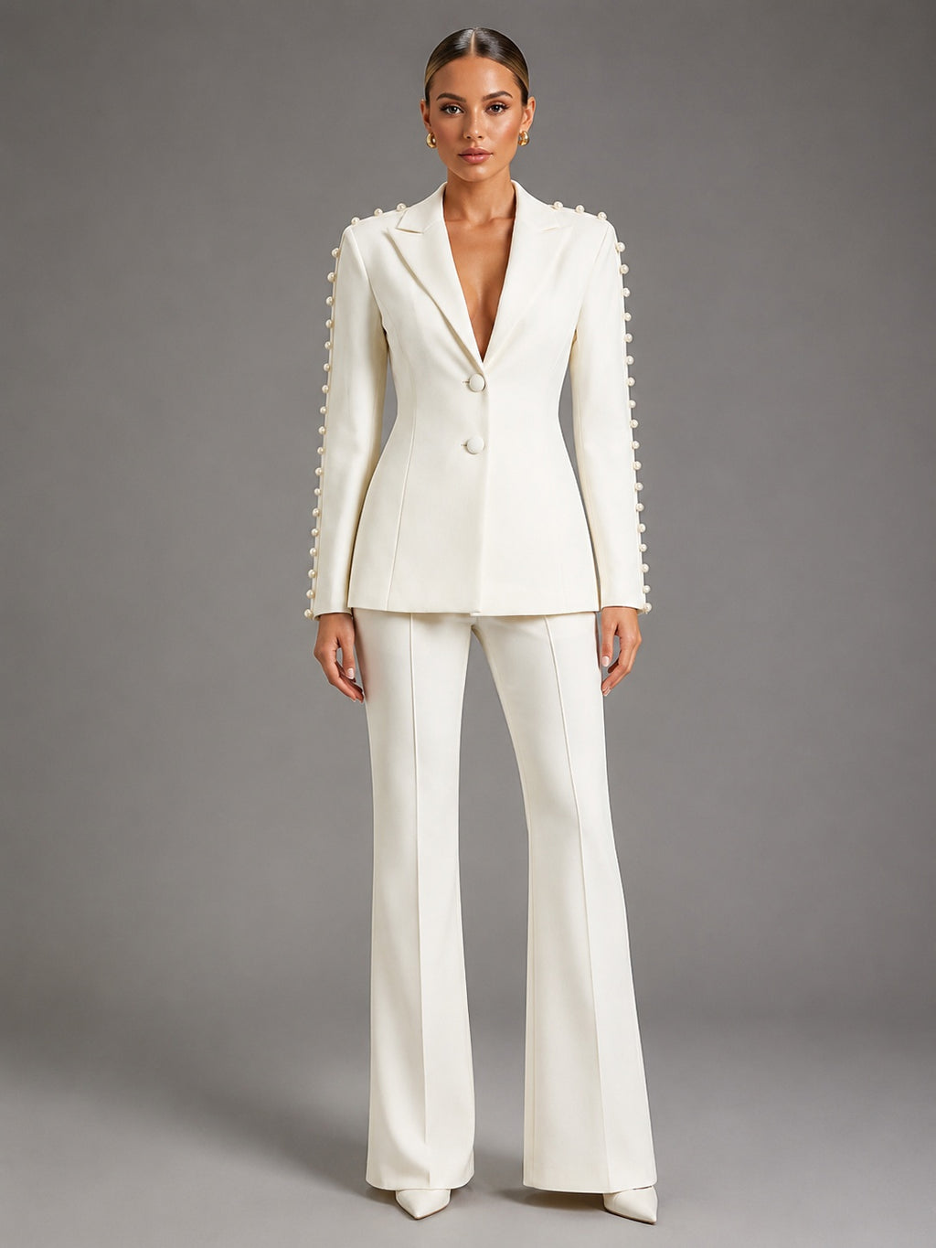 Pearl Embellished Peak Lapel Blazer & High Waist Full Flare Suit Trousers 2-Piece Set – Premium 4 | RICALOUX