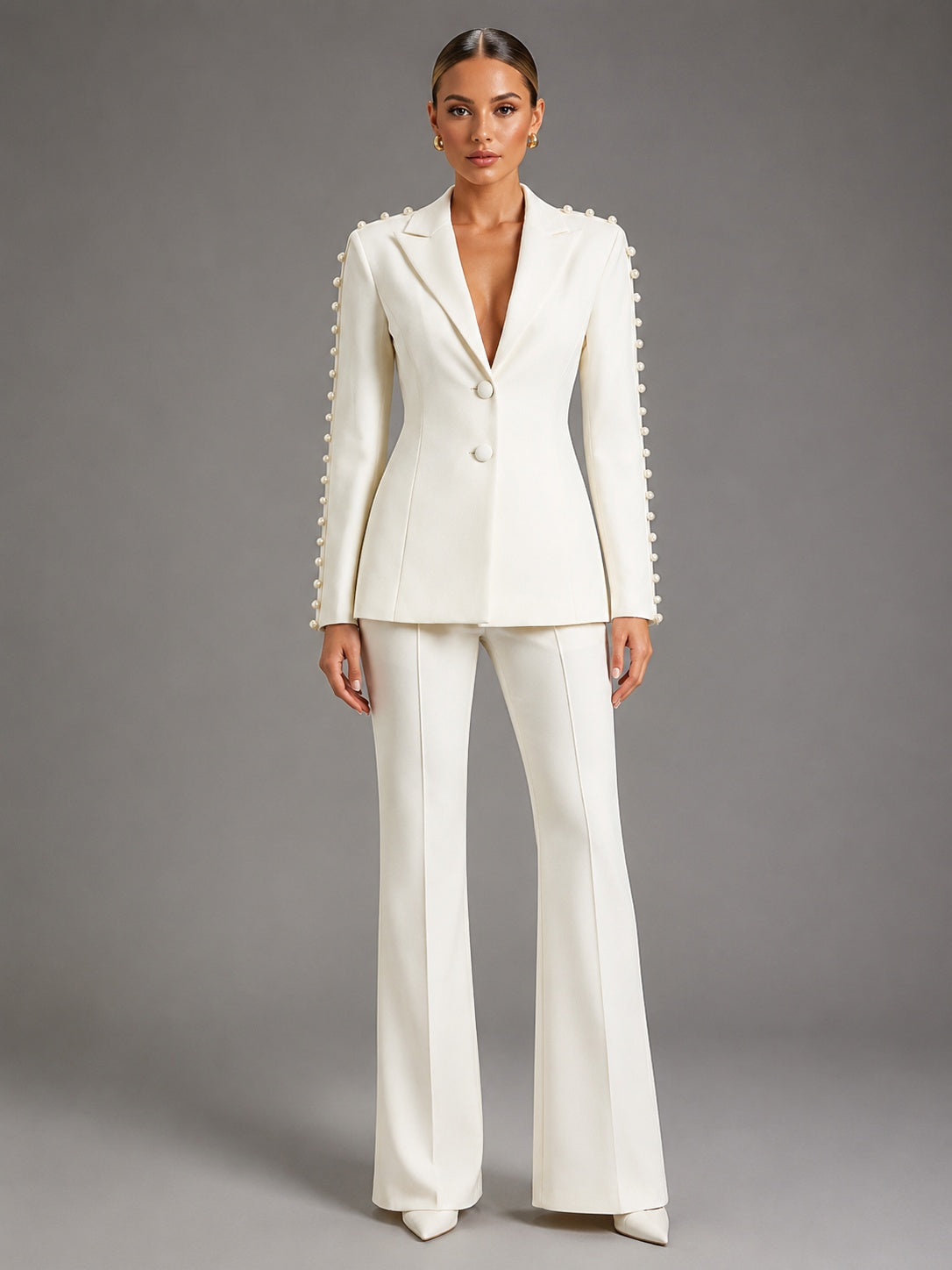 Pearl Embellished Peak Lapel Blazer & High Waist Full Flare Suit Trousers 2-Piece Set – Premium 4 | RICALOUX