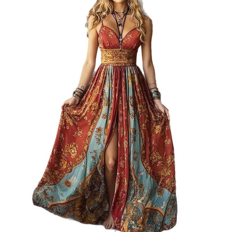 Tube Top Backless Suspender Vintage Printed Long Dress by Ricaloux
