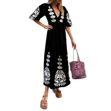 Womens Loose-fitting Casual Dress With Puff Sleeves And A Back-cutout Design by Ricaloux