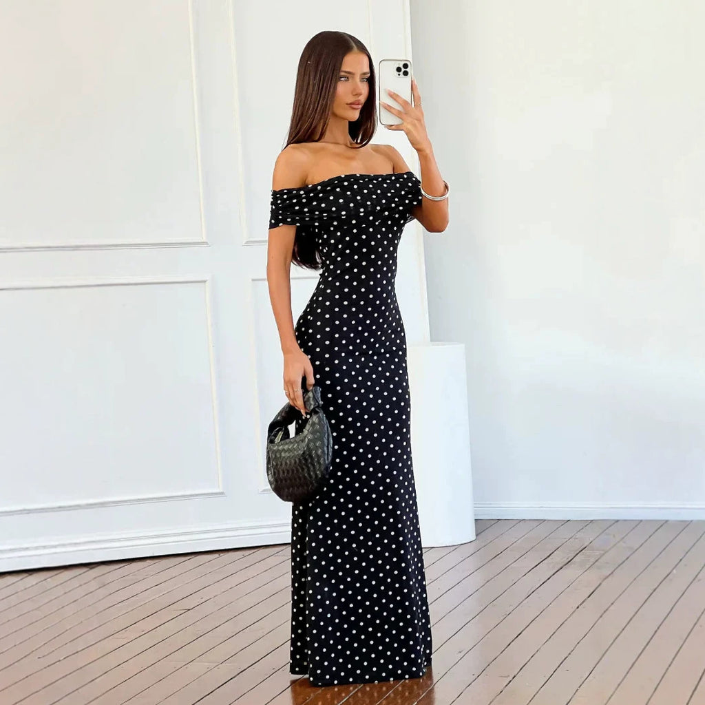 Fashionable Polka-dot Mesh Off-shoulder Backless Dress by Ricaloux