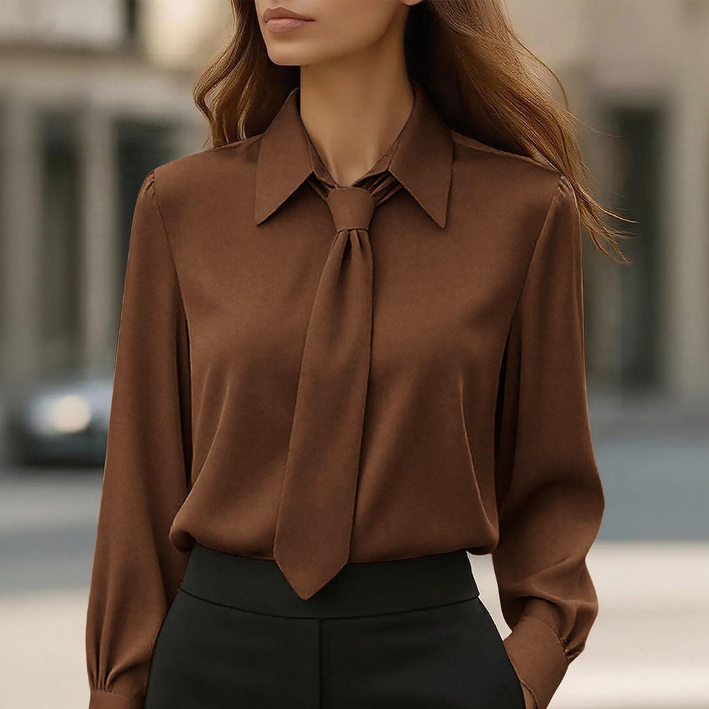 Womens Solid-Color Casual Tie Long-Sleeve French-Collar Shirt by Ricaloux