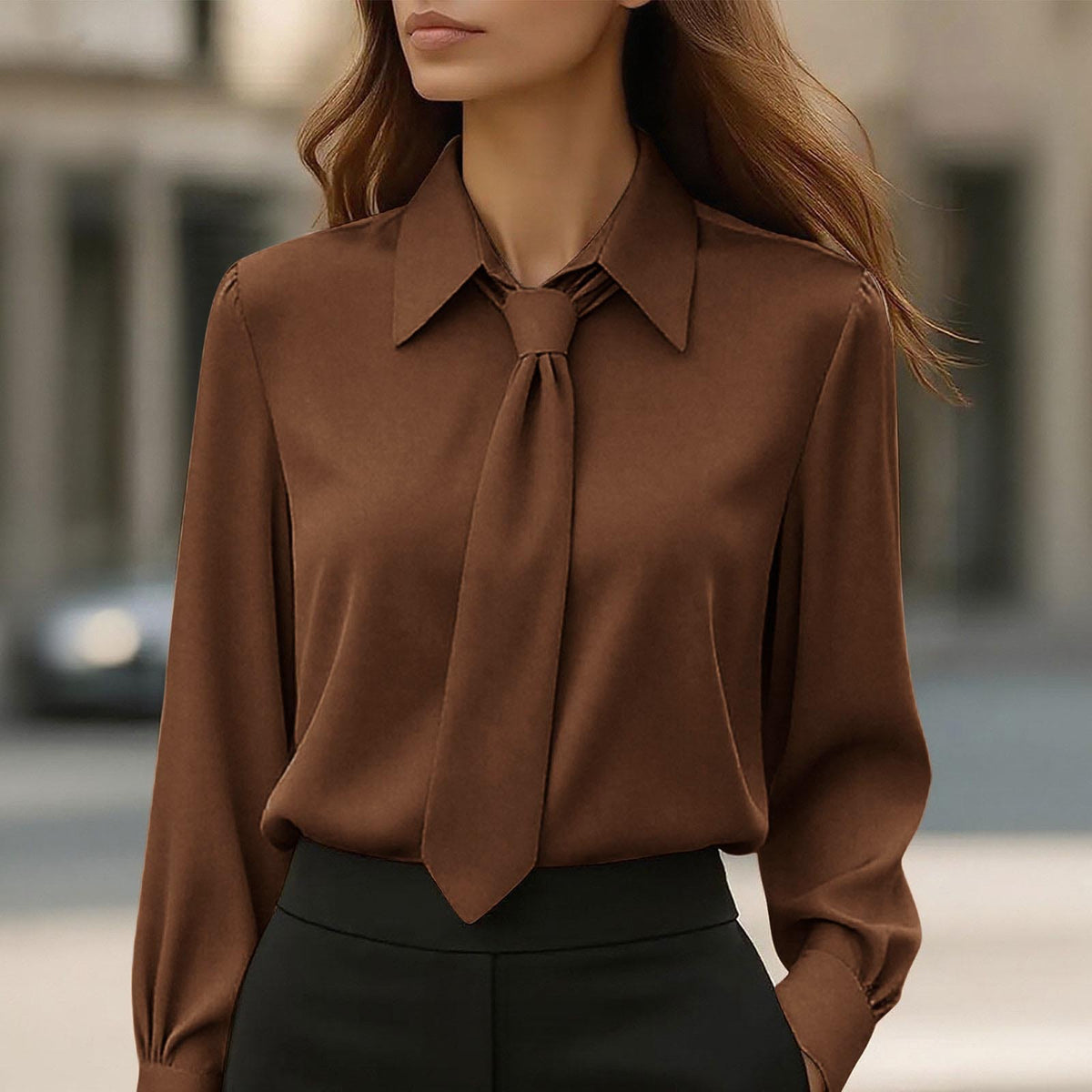 Womens Solid-Color Casual Tie Long-Sleeve French-Collar Shirt by Ricaloux