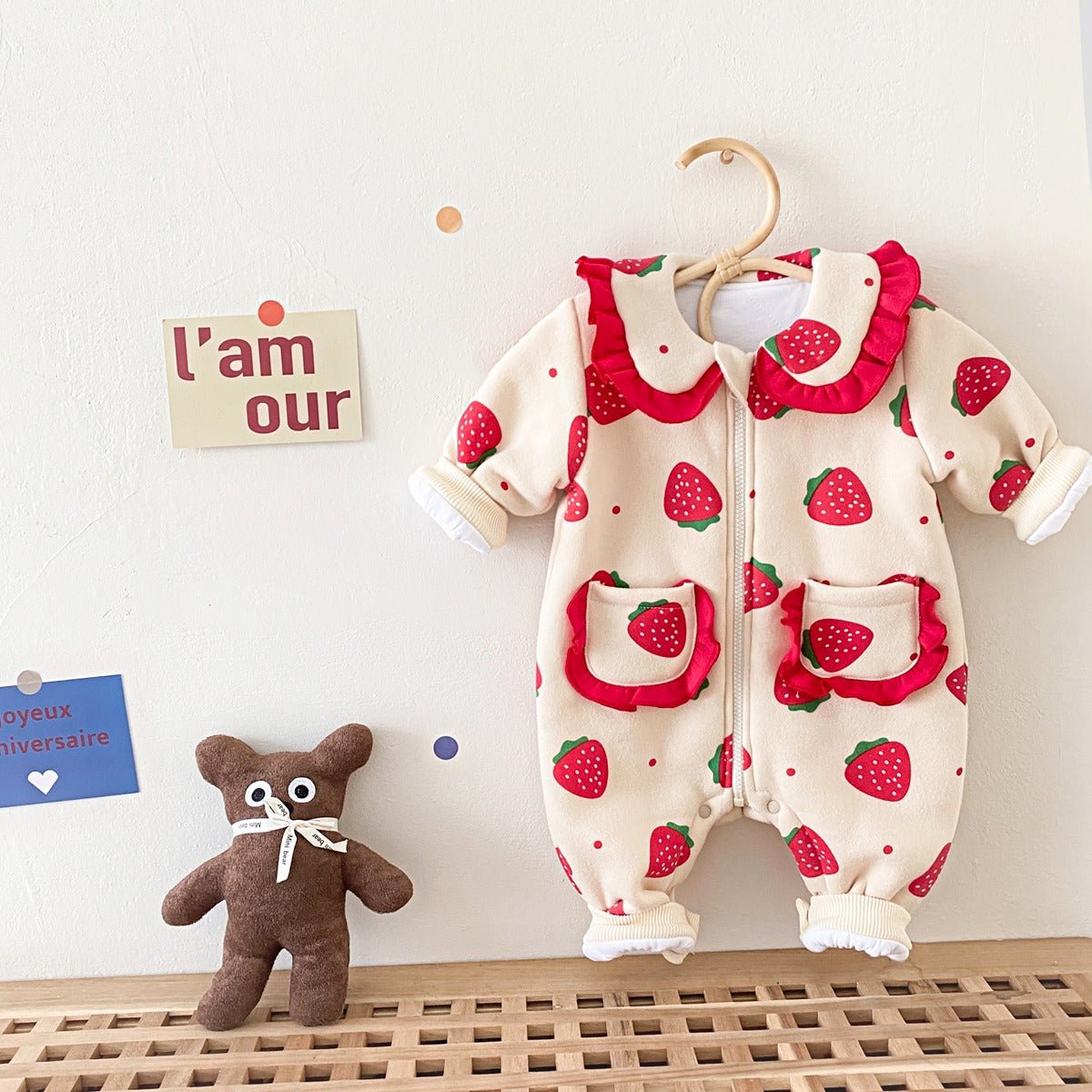 Baby Girl Warm Clothes Strawberry Printed Quilted One-piece Romper - RICALOUX