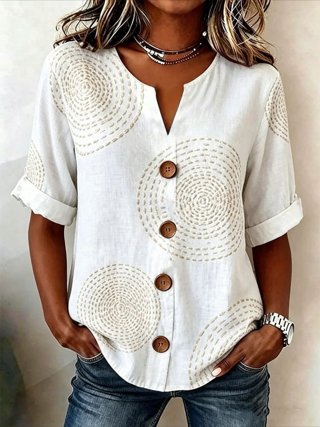 Lantern-sleeve Printed Button-up Womens Blouse by Ricaloux