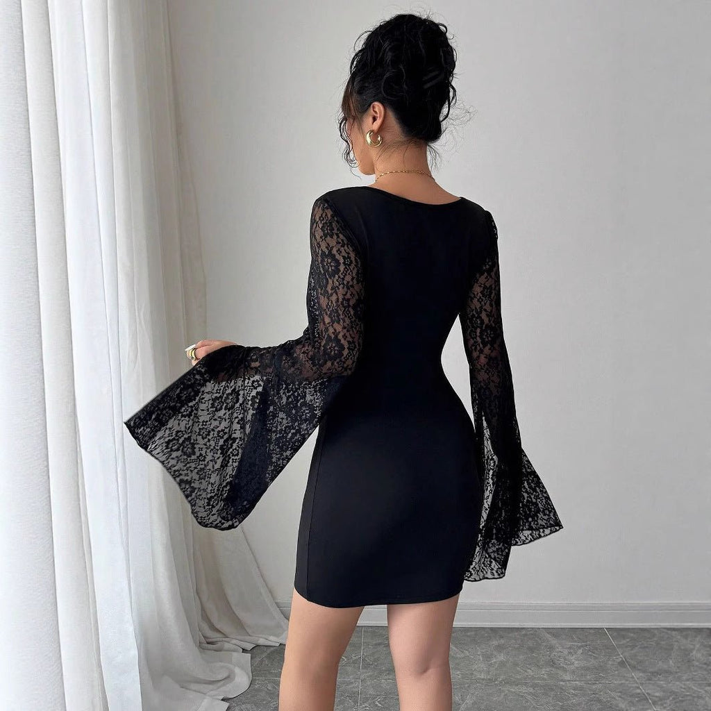 Bell Sleeve Split Solid Color Lace Stitching Square Collar Hip Dress - RICALOUX