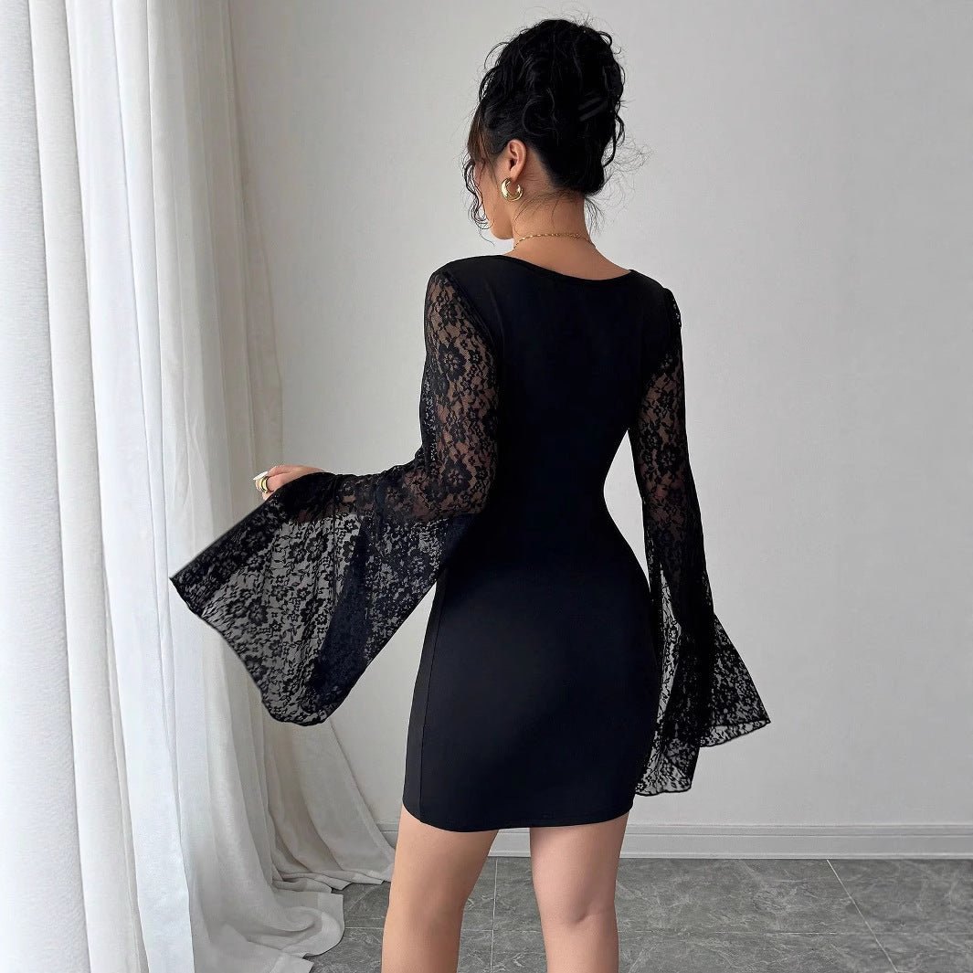 Bell Sleeve Split Solid Color Lace Stitching Square Collar Hip Dress - RICALOUX