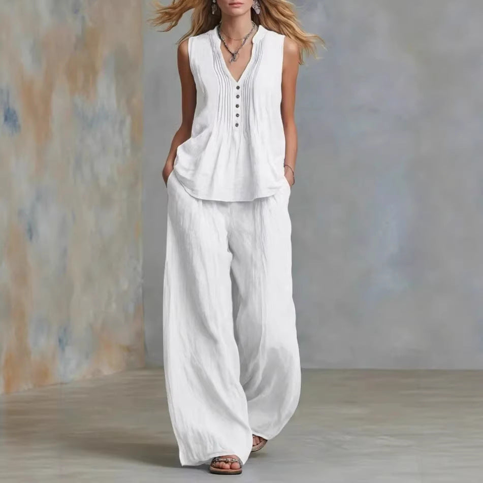 Fashionable Casual Solid-color V-neck Pleated Loose-fit Sleeveless Two-piece Set With Long Pants – Premium 0 | RICALOUX
