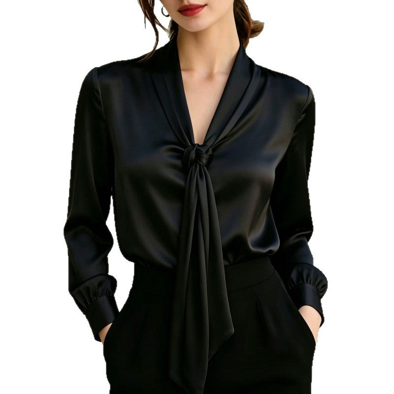 Satin Ribbon V-Neck Knotted Long-Sleeve Shirt For Women – Premium 0 | RICALOUX