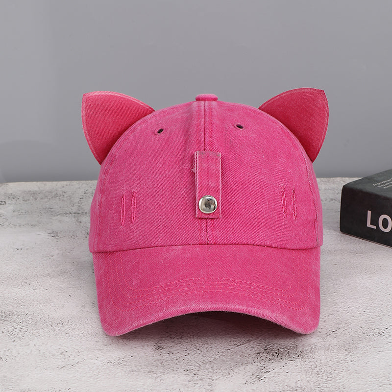 Washed And Distressed Three-dimensional Cat-ear Cat Whiskers Hole Baseball Cap, Sweet And Cool Street Style Daily Sun Protection – Premium 4 | RICALOUX
