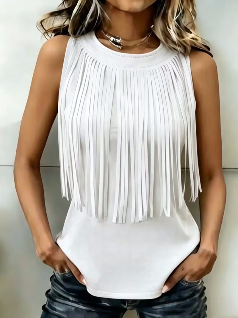 Womens Stylish Casual Tassel Sleeveless Top by Ricaloux