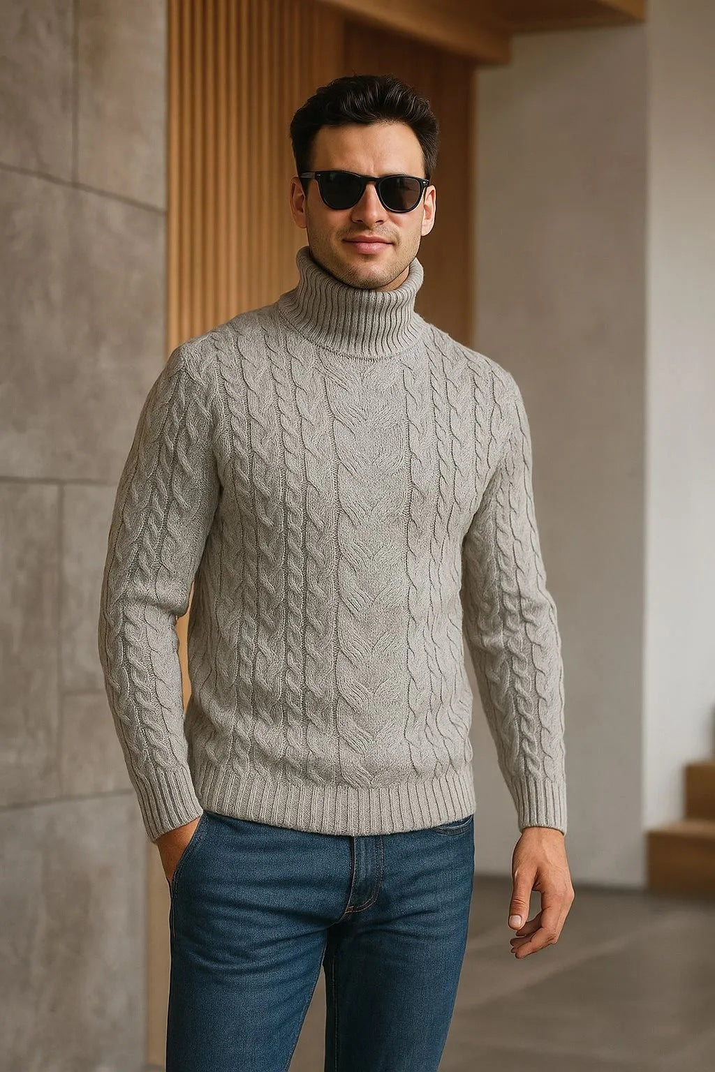 Mens Turtleneck Cable-Knit Sweater In Plus Sizes – Premium 0 | RICALOUX