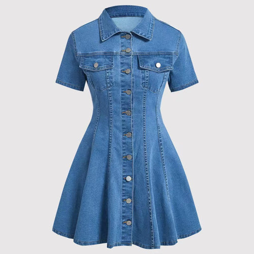 Denim Short-sleeve Cardigan Waist-cinching Dress – Premium 0 | RICALOUX