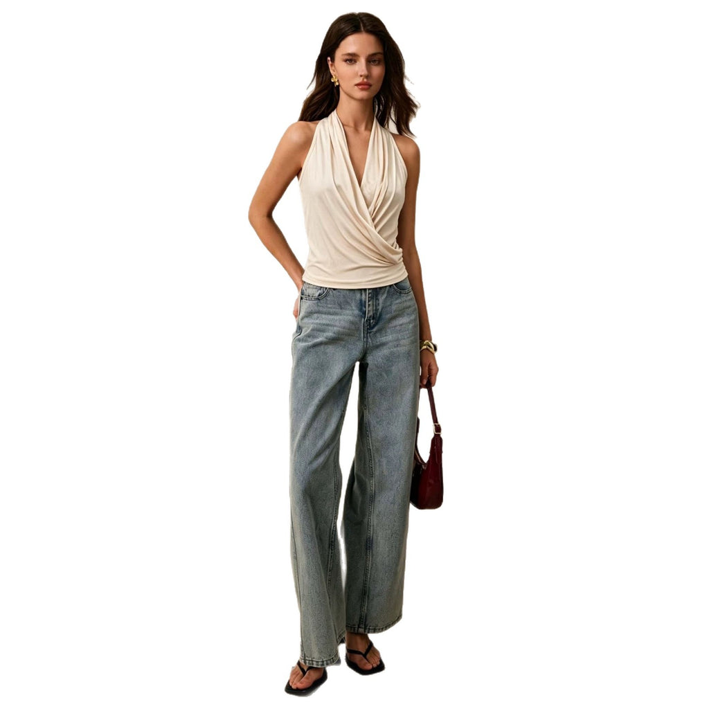 New Womens V-neck Sleeveless Draped Halter Top – Premium 0 | RICALOUX