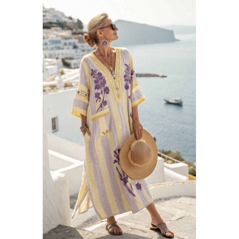 Female Digital Printed V-neck Five Quarter Sleeve Dress by Ricaloux