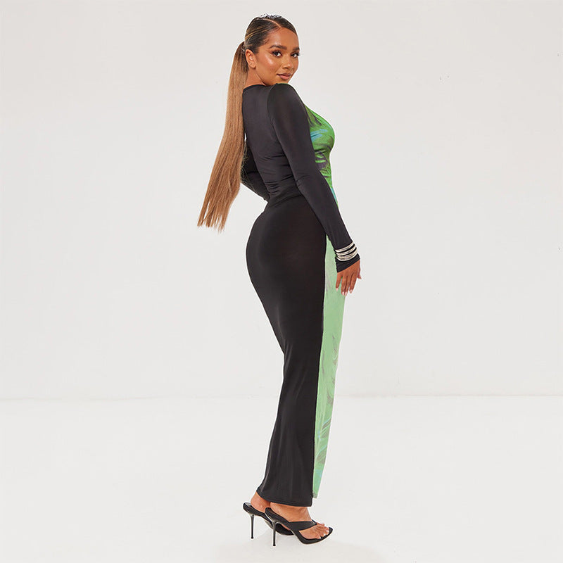 Round-neck Printed Long-sleeve Waist-cinching Sheath Dress by Ricaloux