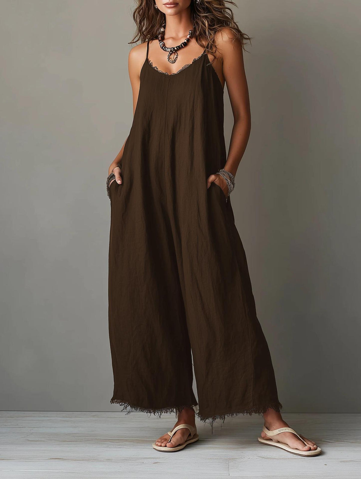 Womens Loose-fitting Solid-color Wide-leg Jumpsuit With Straps – Premium 0 | RICALOUX
