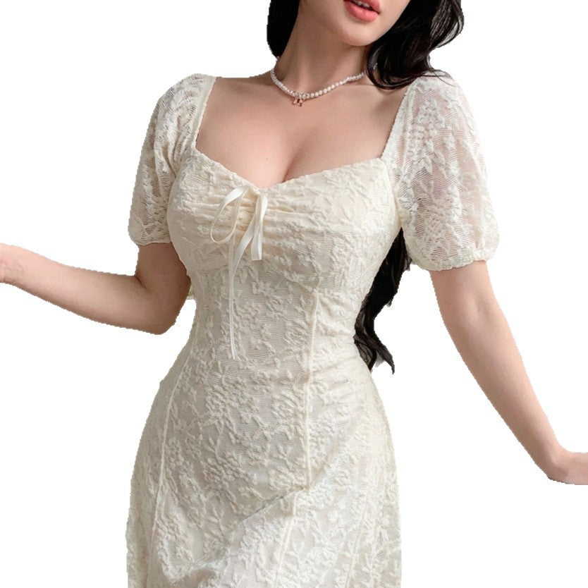 Womens Boat-neckline Waist-cinched Lace Dress by Ricaloux