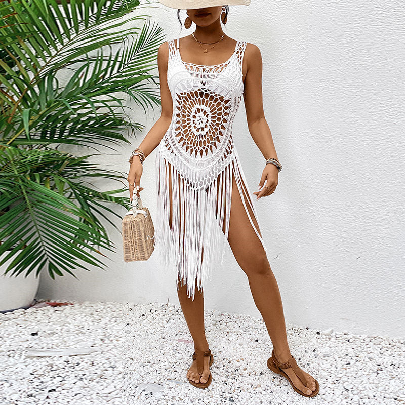 New Hand Crochet Fringe Beach Dress, Hollow Out Halter Bikini Cover Up, Hot Selling Summer Hand Knit Beach Tunic For Amazon Wholesale by Ricaloux