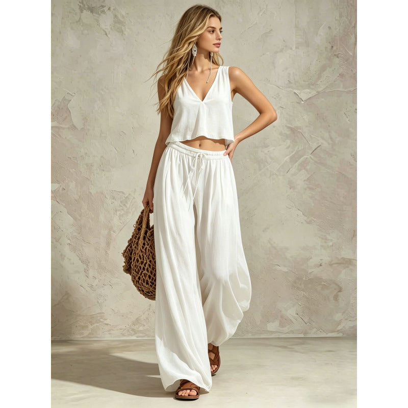 V-neck Solid-color Sleeveless Camisole And Wide-leg Pants Casual Set by Ricaloux