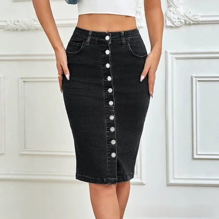 One-piece Front-button Stretch Denim Midi Skirt by Ricaloux