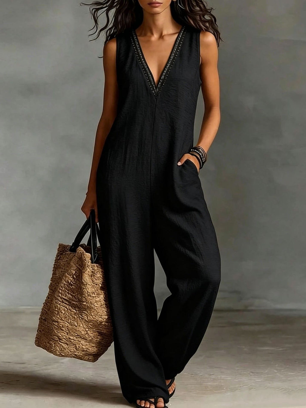 New Womens V-neck Sleeveless Wide-leg Jumpsuit – Premium 0 | RICALOUX