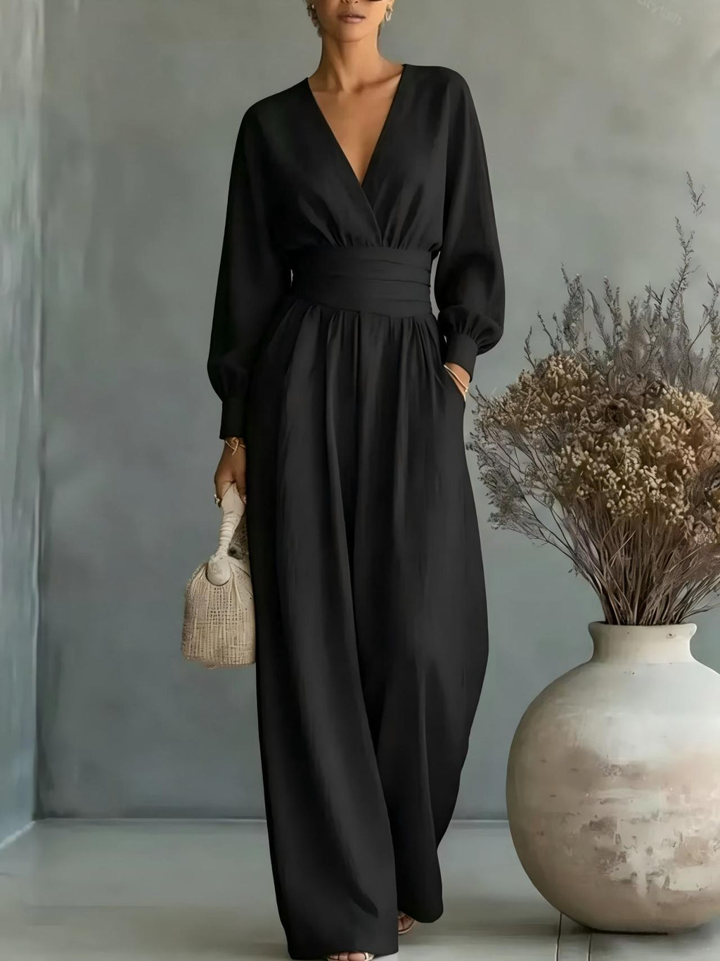Fitted-waist V-neck Long-sleeve Womens Solid-color Jumpsuit – Premium 0 | RICALOUX