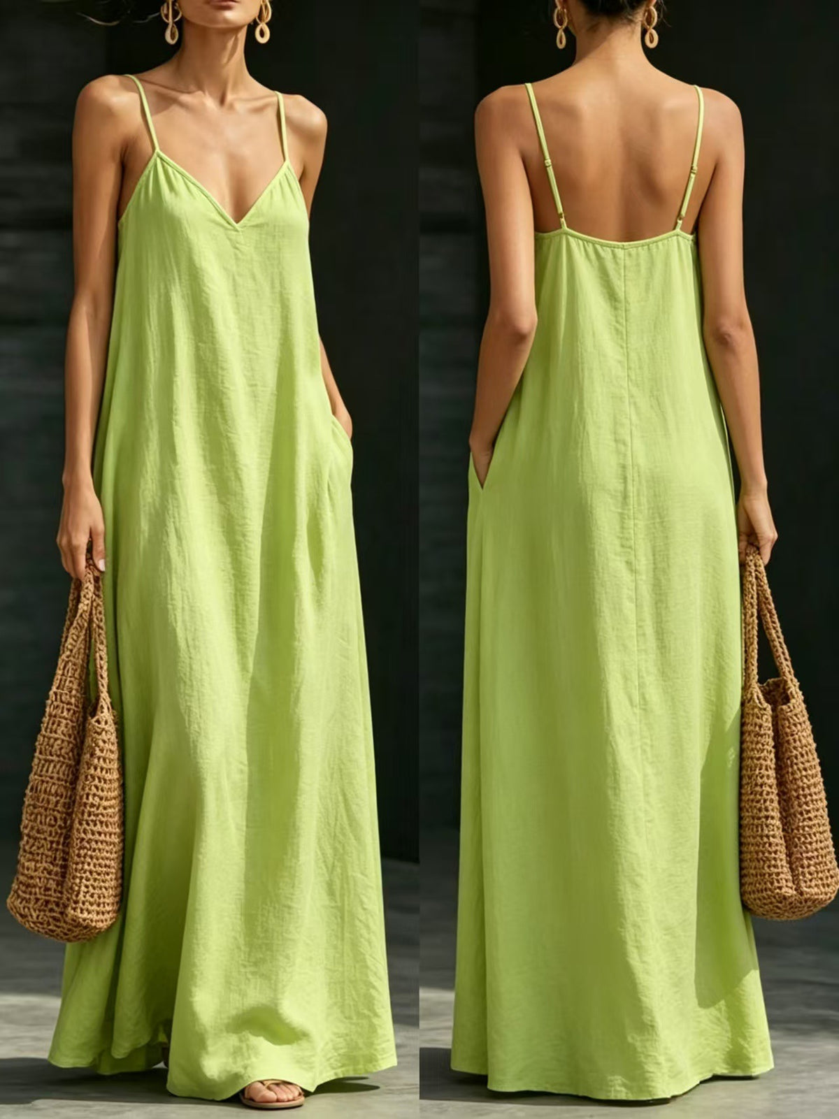 Summer V-Neck Spaghetti Strap Flowy Maxi Dress - Casual Fashion Solid Color Long Dress For Women Vaction Dress – Premium 4 | RICALOUX