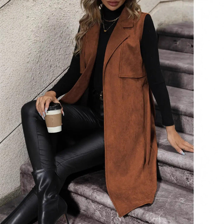Electric Flip Collar Buckle Free Waist Belt Lace Up Long Vest by Ricaloux