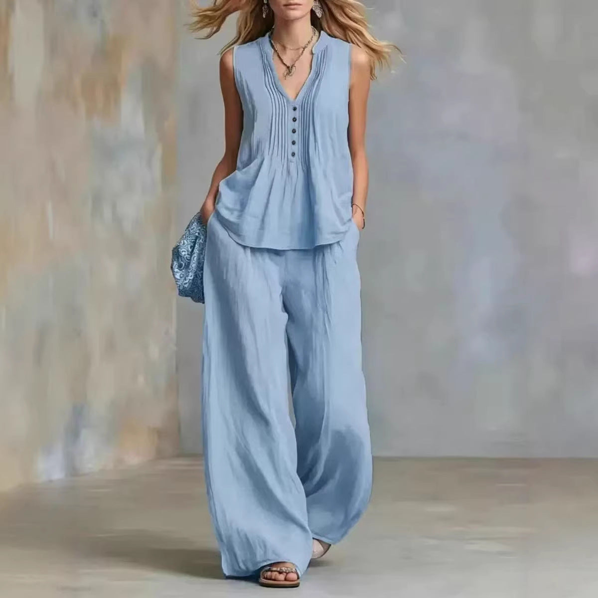 Fashionable Casual Solid-color V-neck Pleated Loose-fit Sleeveless Two-piece Set With Long Pants – Premium 0 | RICALOUX