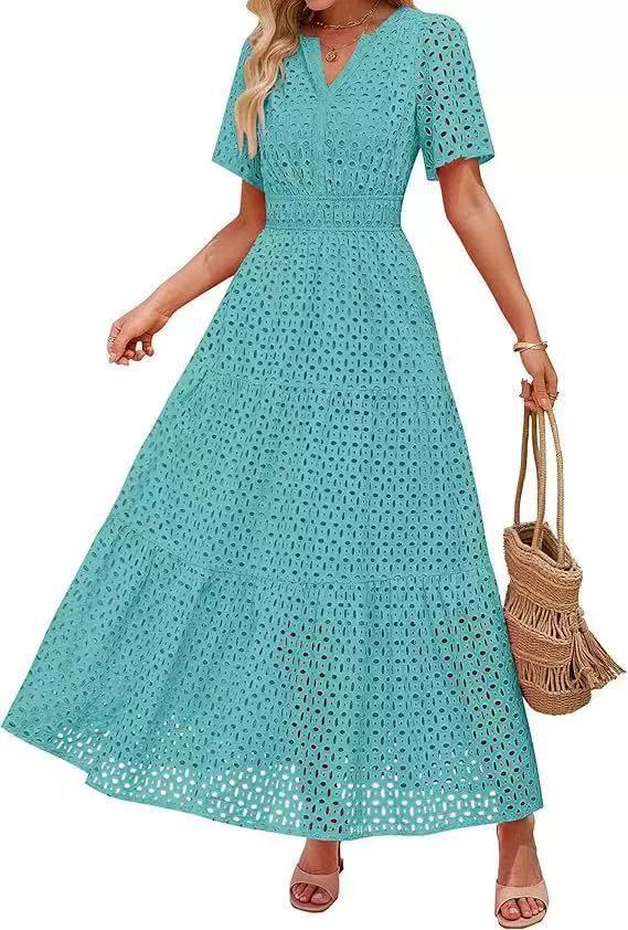 Womens Short-Sleeve V-Neck Hollow-Out Dress by Ricaloux