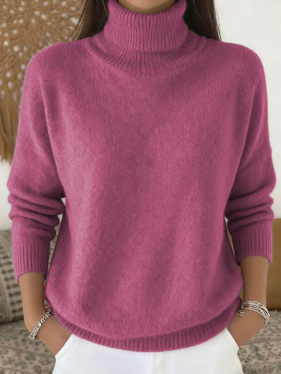 Womens Loose-fitting Solid-color Turtleneck Pullover Knit Sweater by Ricaloux