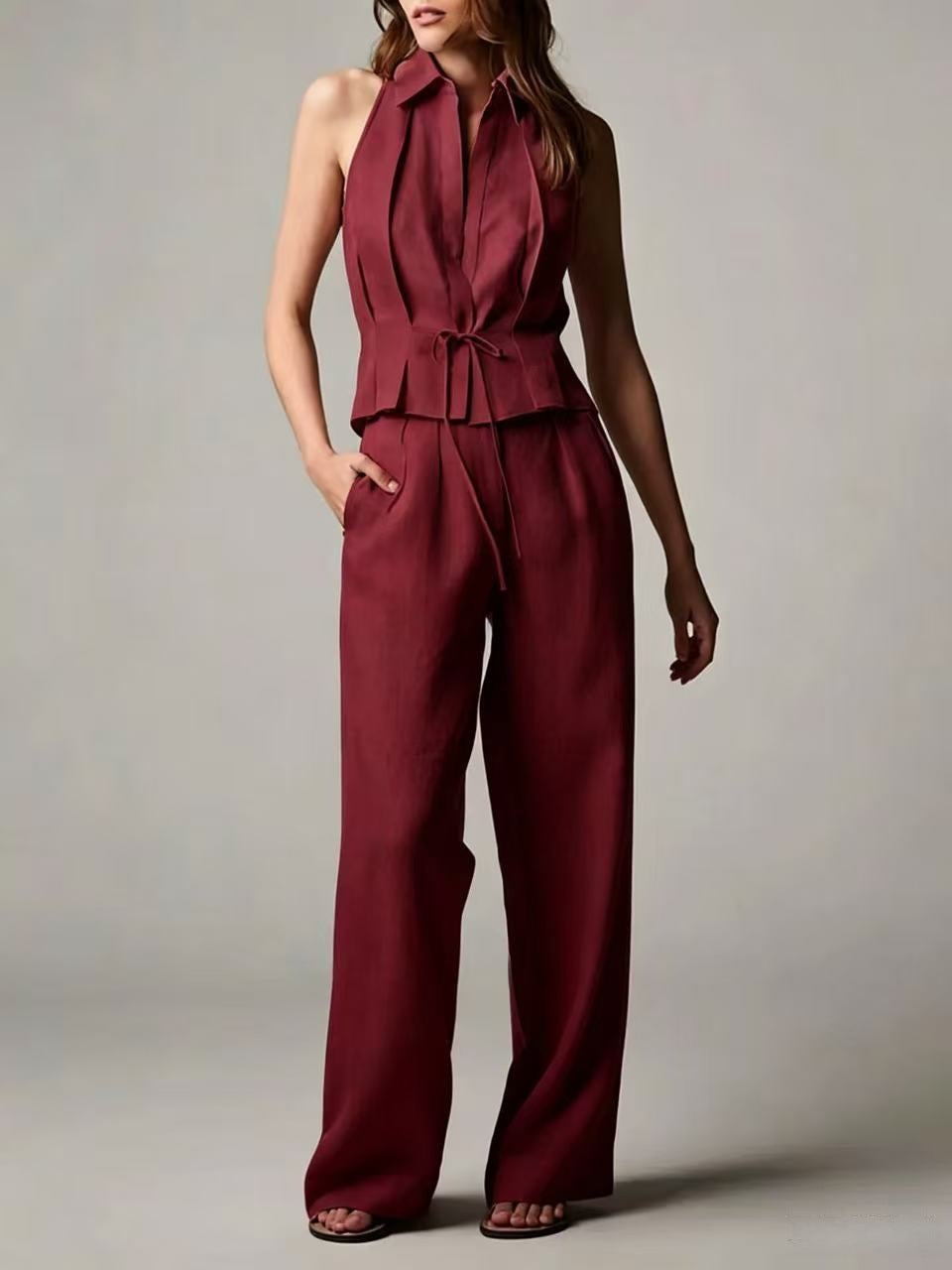Cotton-linen Sleeveless Lapel Top With A Simple Straight-leg Pants Set by Ricaloux