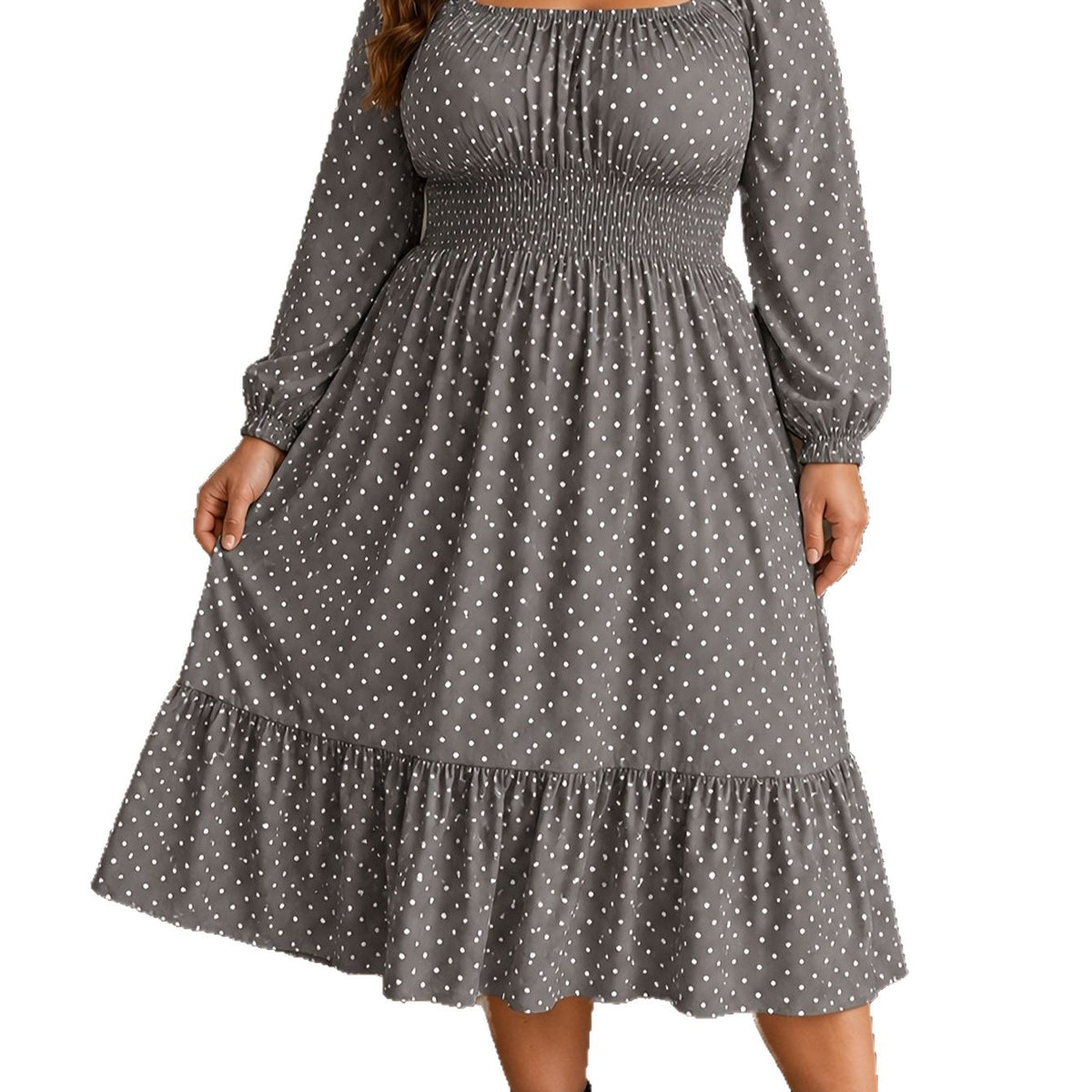 Polka-dot Plus-size Womens Dress Puff-sleeve Boat-neck Dress For Curvy Figures by Ricaloux