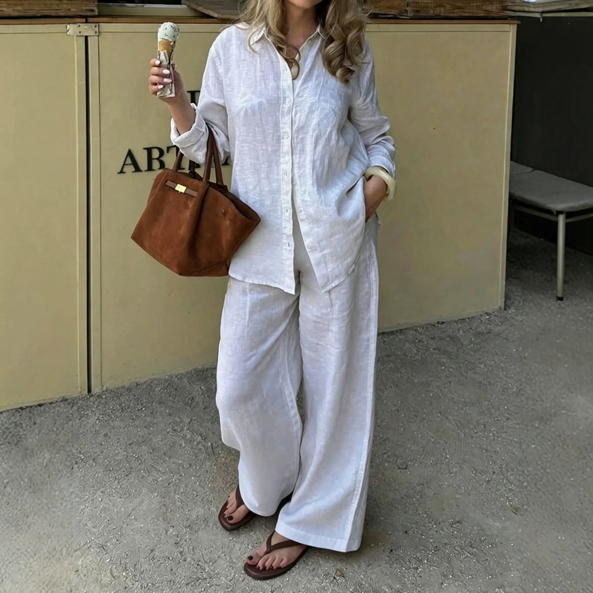 Simple Linen Two-piece Set With A Lapel And Long Sleeves by Ricaloux