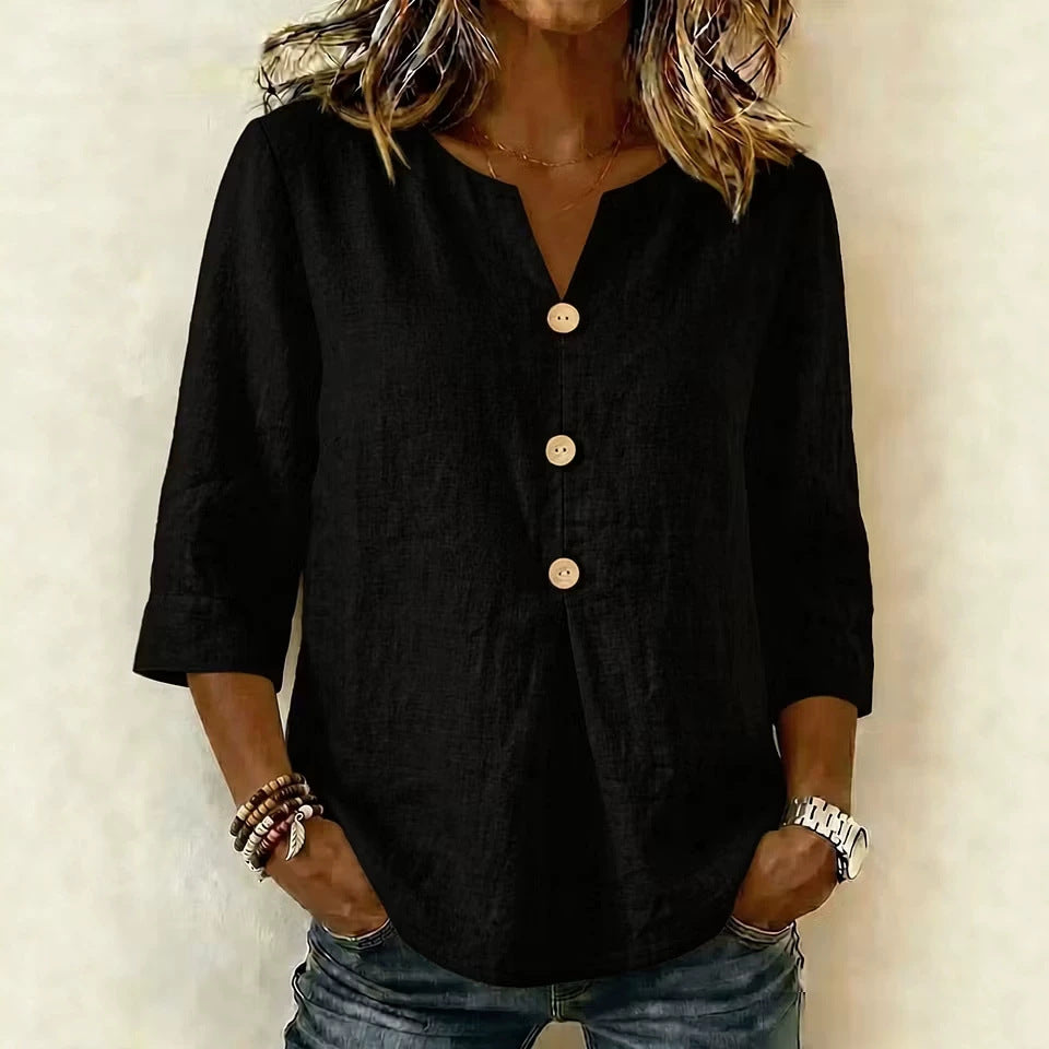 Solid-color V-neck Three-quarter-sleeve Casual Loose-fit Cotton-linen Top by Ricaloux