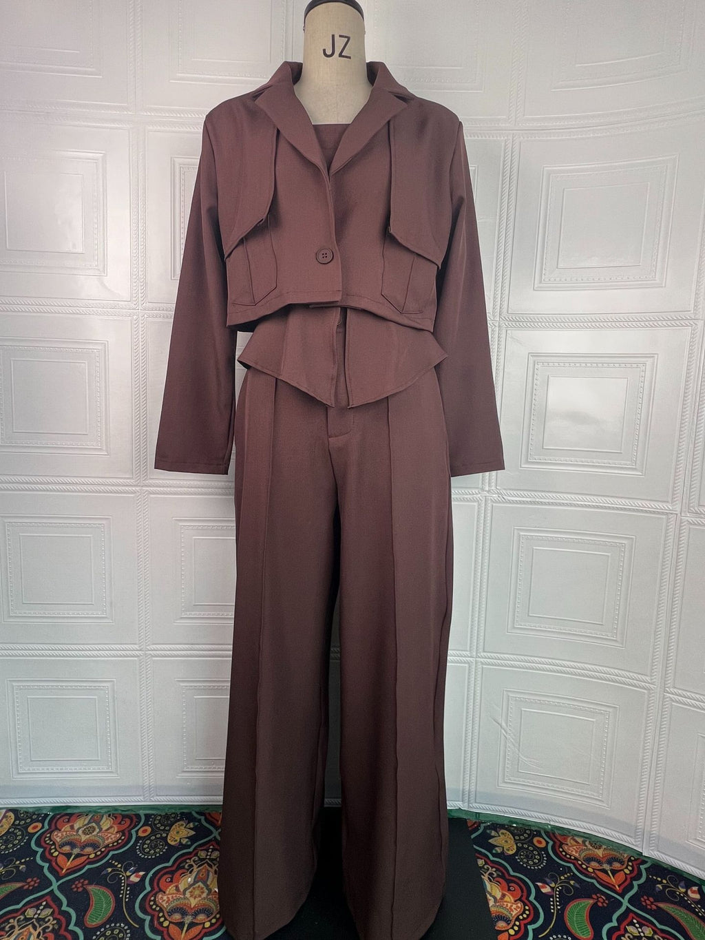 Womens Solid-color Elegant Blazer And Wide-leg Suspender Pants Set by Ricaloux