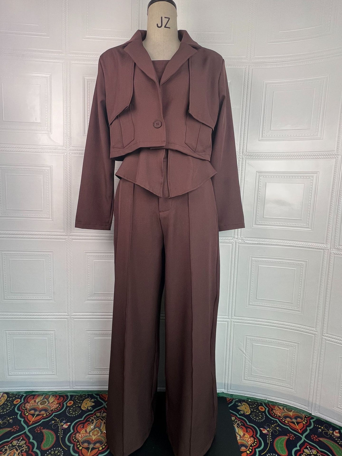 Womens Solid-color Elegant Blazer And Wide-leg Suspender Pants Set by Ricaloux