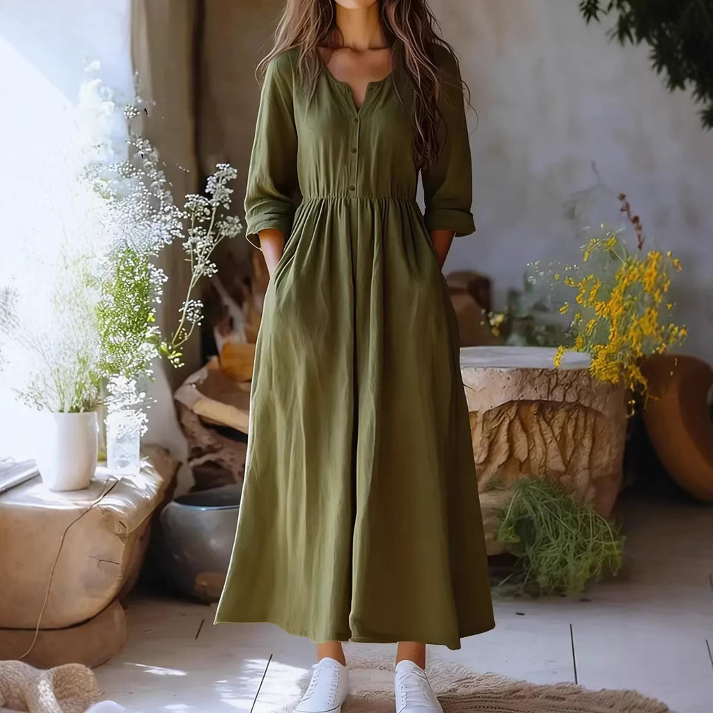 Womens Solid-color Long-sleeve Retro Cotton-linen Dress by Ricaloux