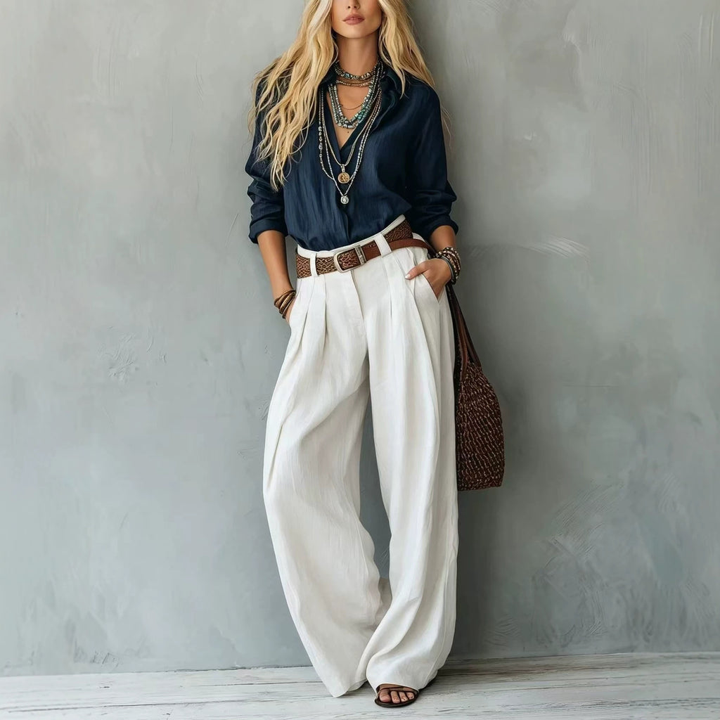 Womens Straight-Leg High-Waist Wide-Leg Pants And Blouse Set by Ricaloux