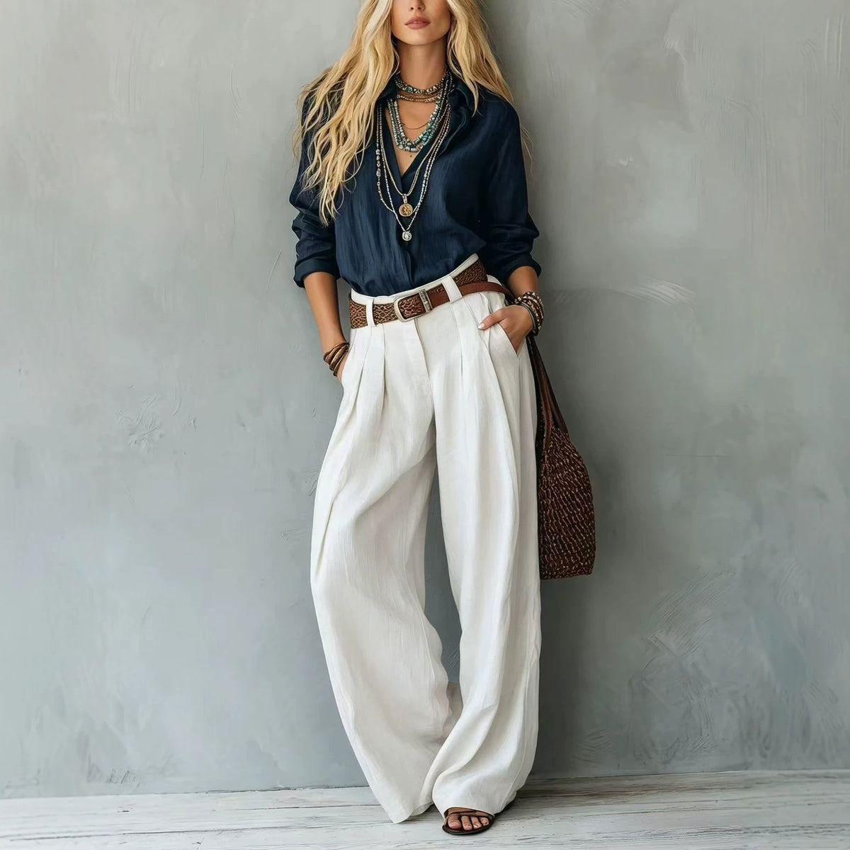 Womens Straight-Leg High-Waist Wide-Leg Pants And Blouse Set by Ricaloux