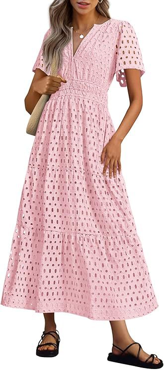 Womens Short-Sleeve V-Neck Hollow-Out Dress by Ricaloux
