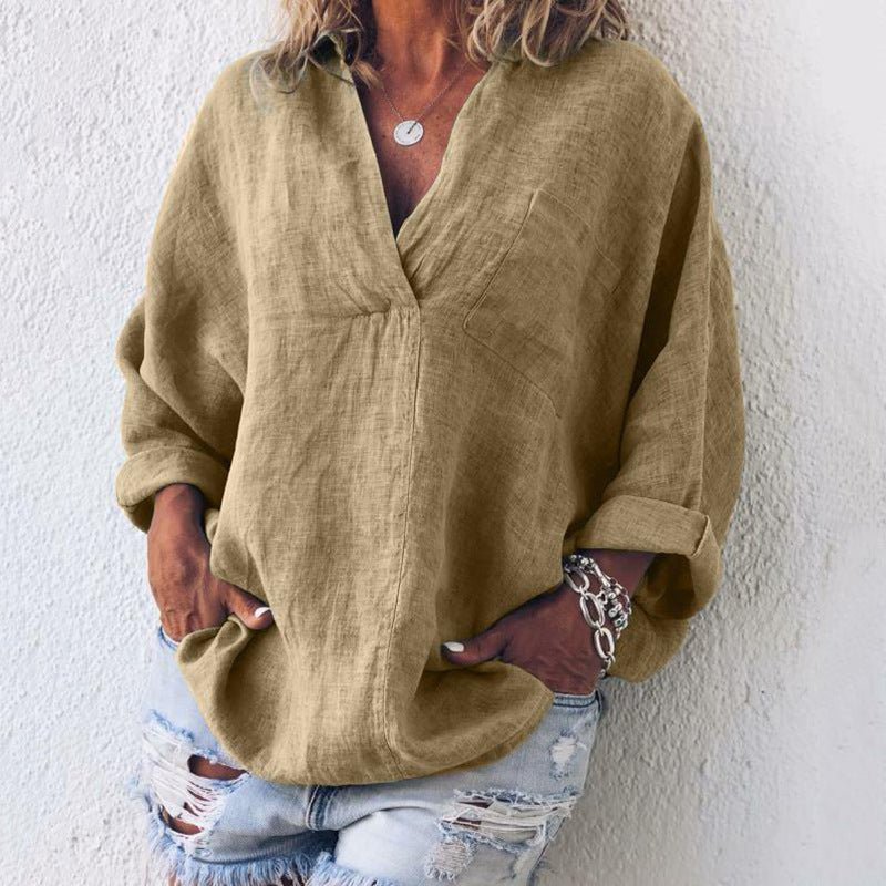Women's Large Size Solid Color Imitation Cotton And Linen V-neck Long-sleeved Pullover Top - RICALOUX
