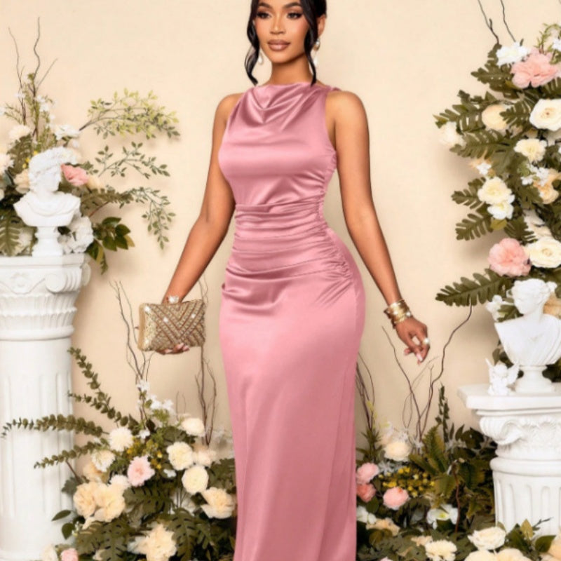 Summer New Pleated Satin Sleeveless Evening Dress by Ricaloux
